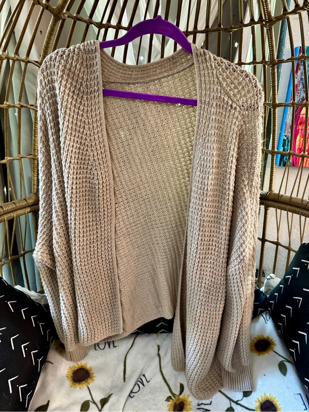 SHEIN Taupe Open-Front Waffle Knit Cardigan
